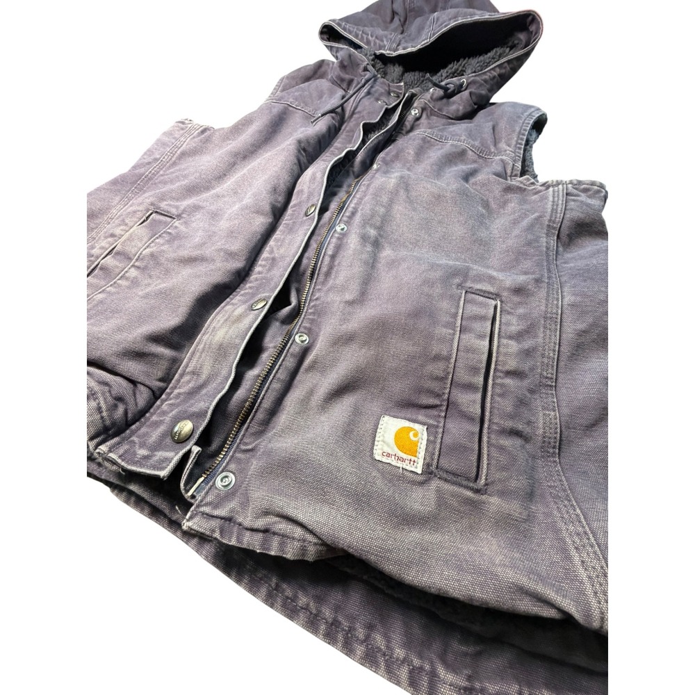 Vtg Carhartt Women's Sandstone Duck Sherpa Lined Hooded Vest Faded Gray Lilac - Picture 5 of 10